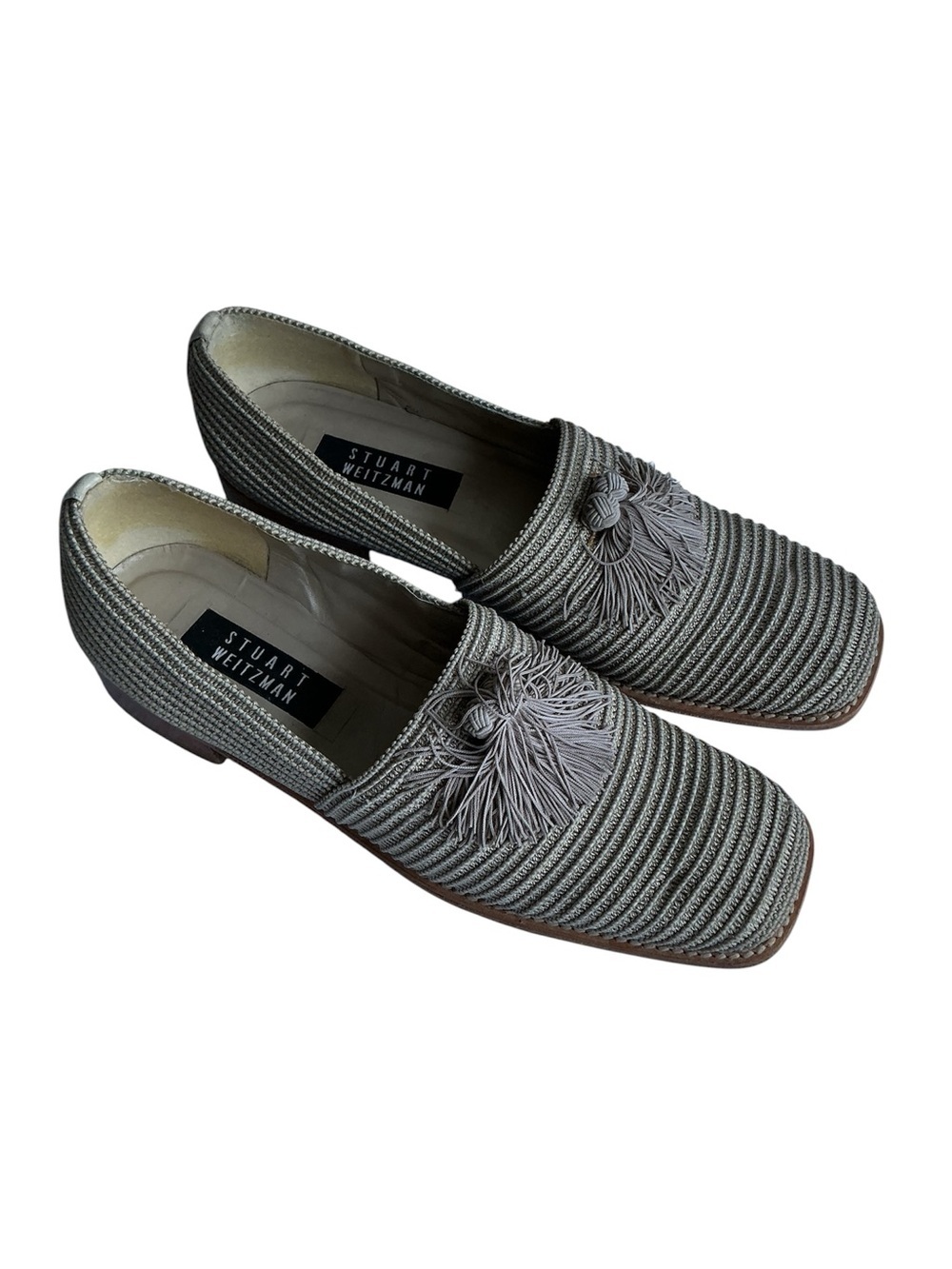 Stuart Weitzman Taupe Raffia Tassel Slip-Ons